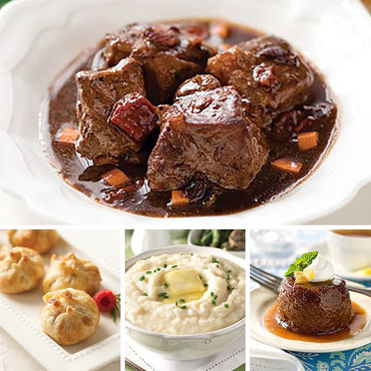 Beef Bourguignon Dinner for Four, featuring Beef Bourguignon (top), Brie & Raspberry en Croûte, Crème Fraîche Mashed Potatoes, and British Sticky Toffee Pudding (left to right).